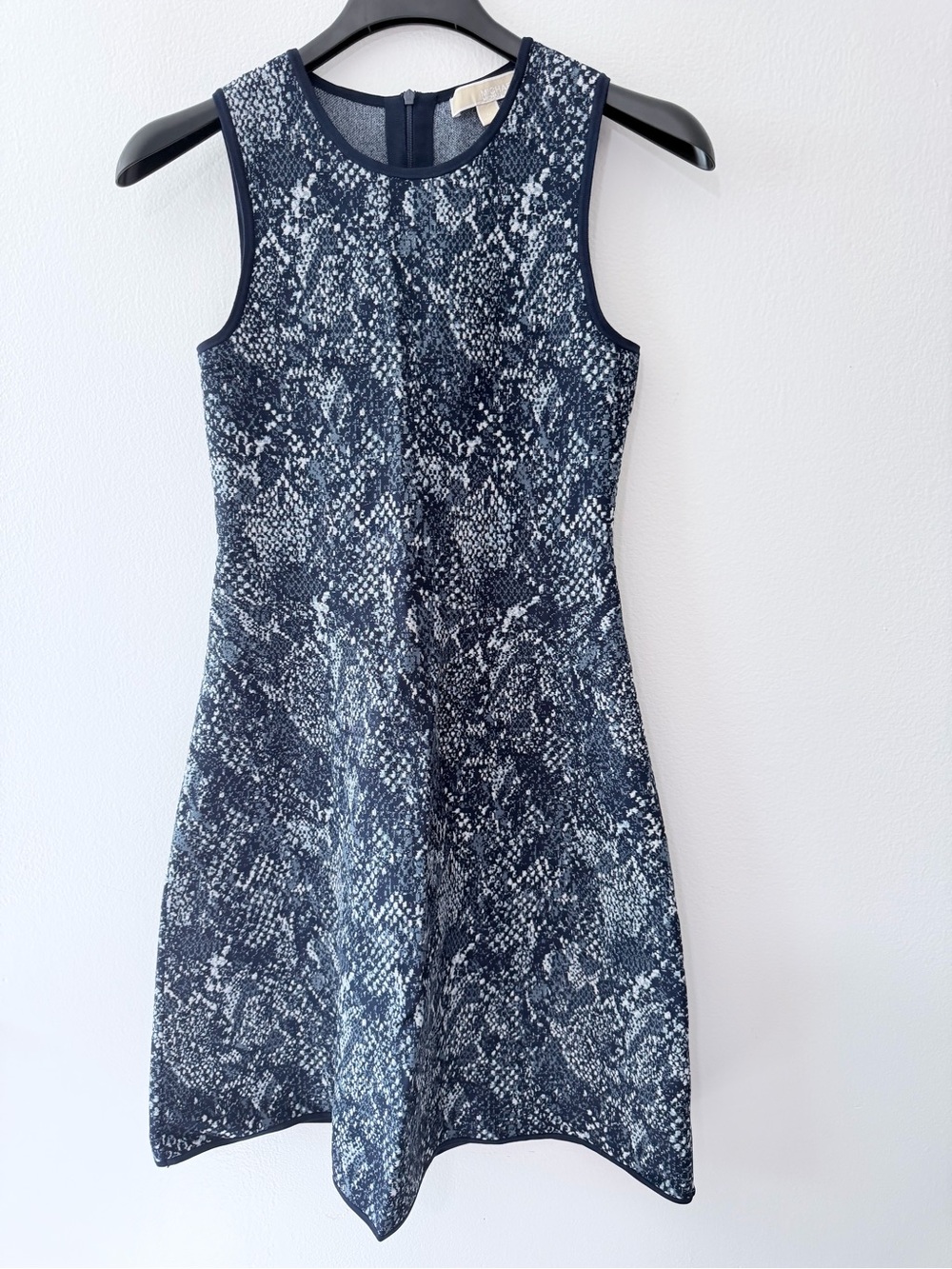 Michael Kors Dress M Navy Blue Snake Print Knit Fit Flare Sleeveless Zip